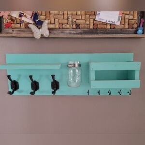 Handmade Wooden Wall Organizer Hooks Mail Keys Pens Flowers Teal Green Rustic
